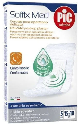 CEROTTO PIC SOFFIX MED IN TNT CON TAMPONE CENTRALE ASSORBENTE STERILE MONOUSO 10X15 CM ANTIBATTERICO 5 PEZZI