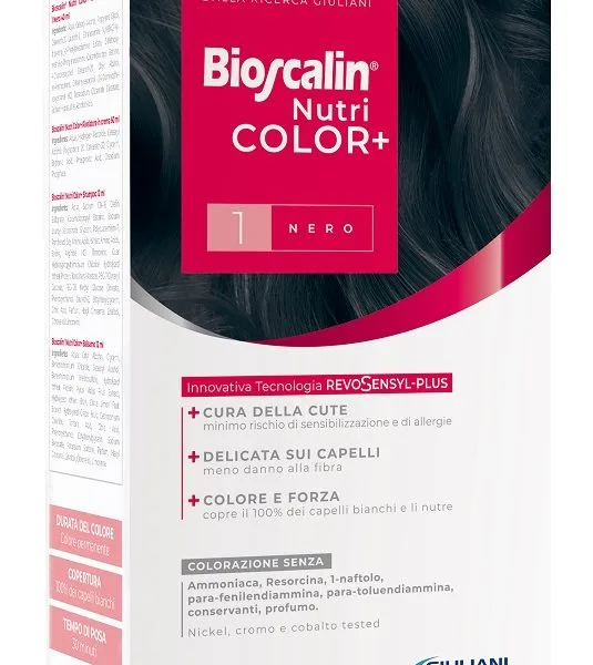 BIOSCALIN NUTRICOLOR PLUS 1 NERO CREMA COLORANTE 40 ML + RIVELATORE CREMA 60 ML + SHAMPOO 12 ML + TRATTAMENTO FINALE BALSAMO 12 ML