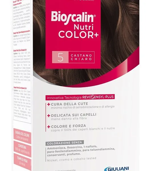 BIOSCALIN NUTRICOLOR PLUS 5 CASTANO CHIARO CREMA COLORANTE 40 ML + RIVELATORE CREMA 60 ML + SHAMPOO 12 ML + TRATTAMENTO FINALE BALSAMO 12 ML