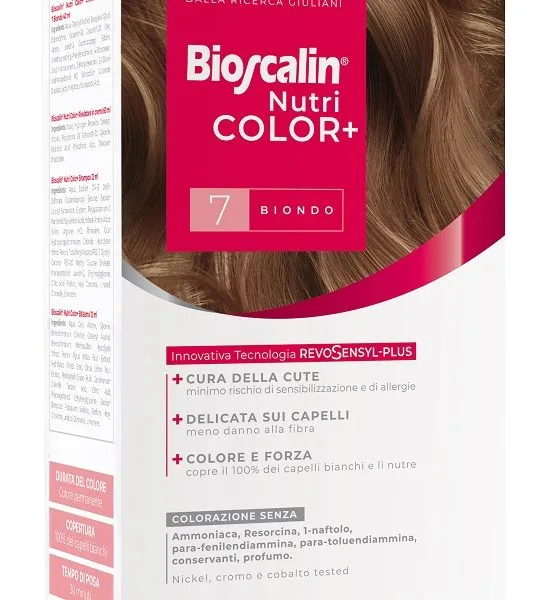 BIOSCALIN NUTRICOLOR PLUS 7 BIONDO CREMA COLORANTE 40 ML + RIVELATORE CREMA 60 ML + SHAMPOO 12 ML + TRATTAMENTO FINALE BALSAMO 12 ML