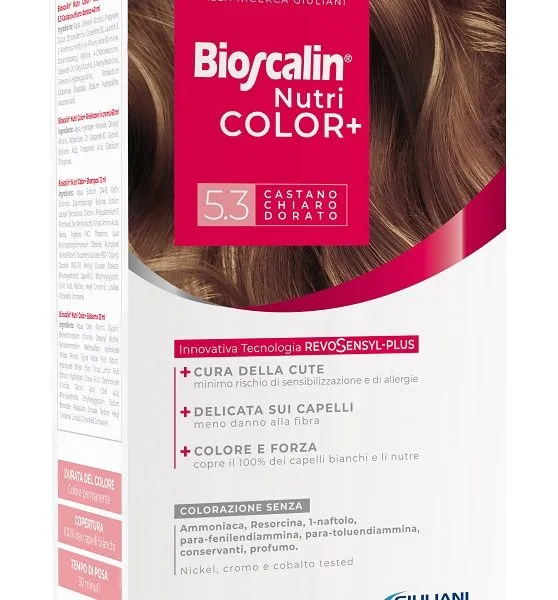 BIOSCALIN NUTRICOLOR PLUS 5,3 CASTANO CHIARO DORATO CREMA COLORANTE 40 ML + RIVELATORE CREMA 60 ML + SHAMPOO 12 ML + TRATTAMENTO FINALE BALSAMO 12 ML