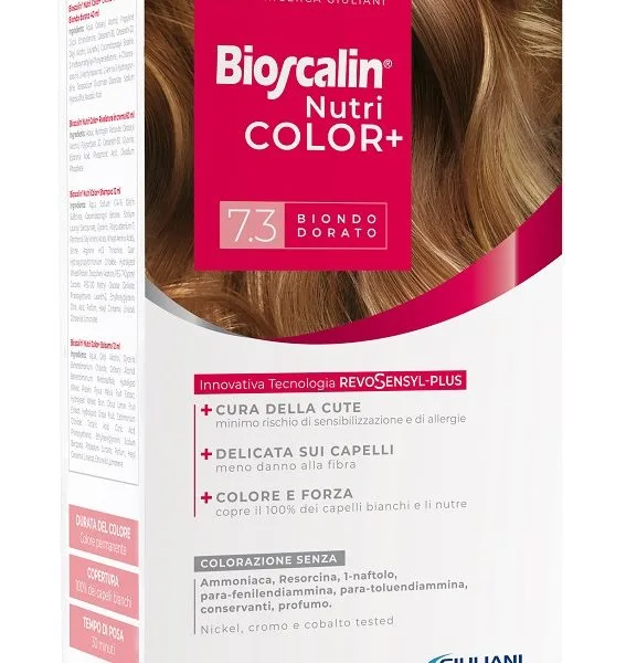 BIOSCALIN NUTRICOLOR PLUS 7,3 BIONDO DORATO CREMA COLORANTE 40 ML + RIVELATORE CREMA 60 ML + SHAMPOO 12 ML + TRATTAMENTO FINALE BALSAMO 12 ML
