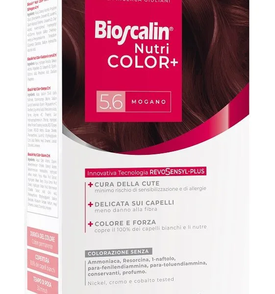 BIOSCALIN NUTRICOLOR PLUS 5,6 MOGANO CREMA COLORANTE 40 ML + RIVELATORE CREMA 60 ML + SHAMPOO 12 ML + TRATTAMENTO FINALE BALSAMO 12 ML