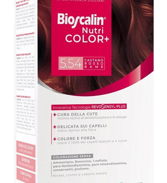 BIOSCALIN NUTRICOLOR PLUS 5,54 CASTANO ROSSO RAME CREMA COLORANTE 40 ML + RIVELATORE CREMA 60 ML + SHAMPOO 12 ML + TRATTAMENTO FINALE BALSAMO 12 ML